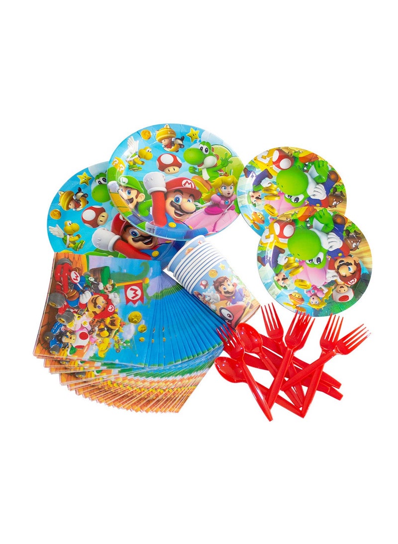 87 pcs disposable party tableware Mario theme, kids birthday party celebration, baby shower party suppliers with plates, spoons, folks, cups, napkins, etc. 9 items