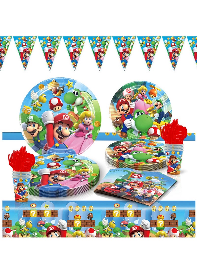 87 pcs disposable party tableware Mario theme, kids birthday party celebration, baby shower party suppliers with plates, spoons, folks, cups, napkins, etc. 9 items