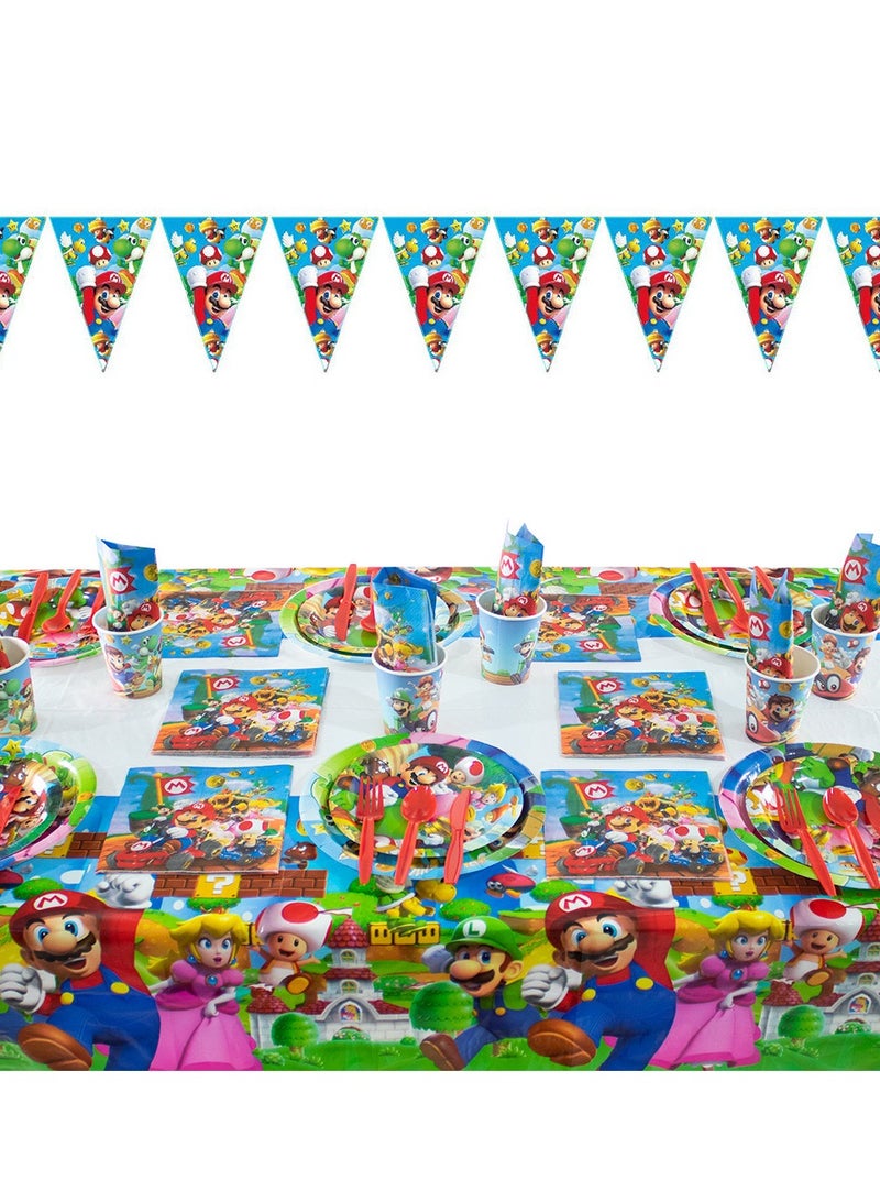 87 pcs disposable party tableware Mario theme, kids birthday party celebration, baby shower party suppliers with plates, spoons, folks, cups, napkins, etc. 9 items