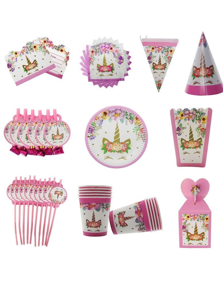 145 pcs disposable party tableware Unicorn theme, kids birthday party celebration, baby shower party suppliers with plates, spoons, folks, cups, napkins, etc. 16 items