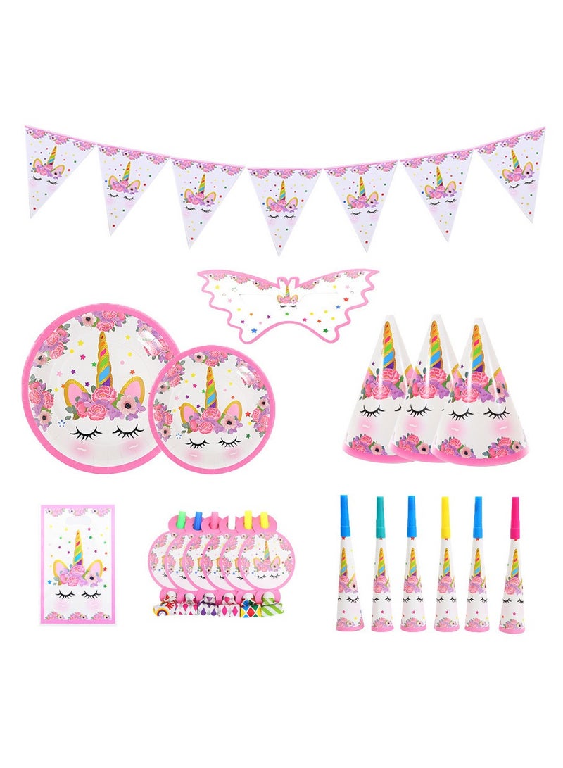 145 pcs disposable party tableware Unicorn theme, kids birthday party celebration, baby shower party suppliers with plates, spoons, folks, cups, napkins, etc. 16 items