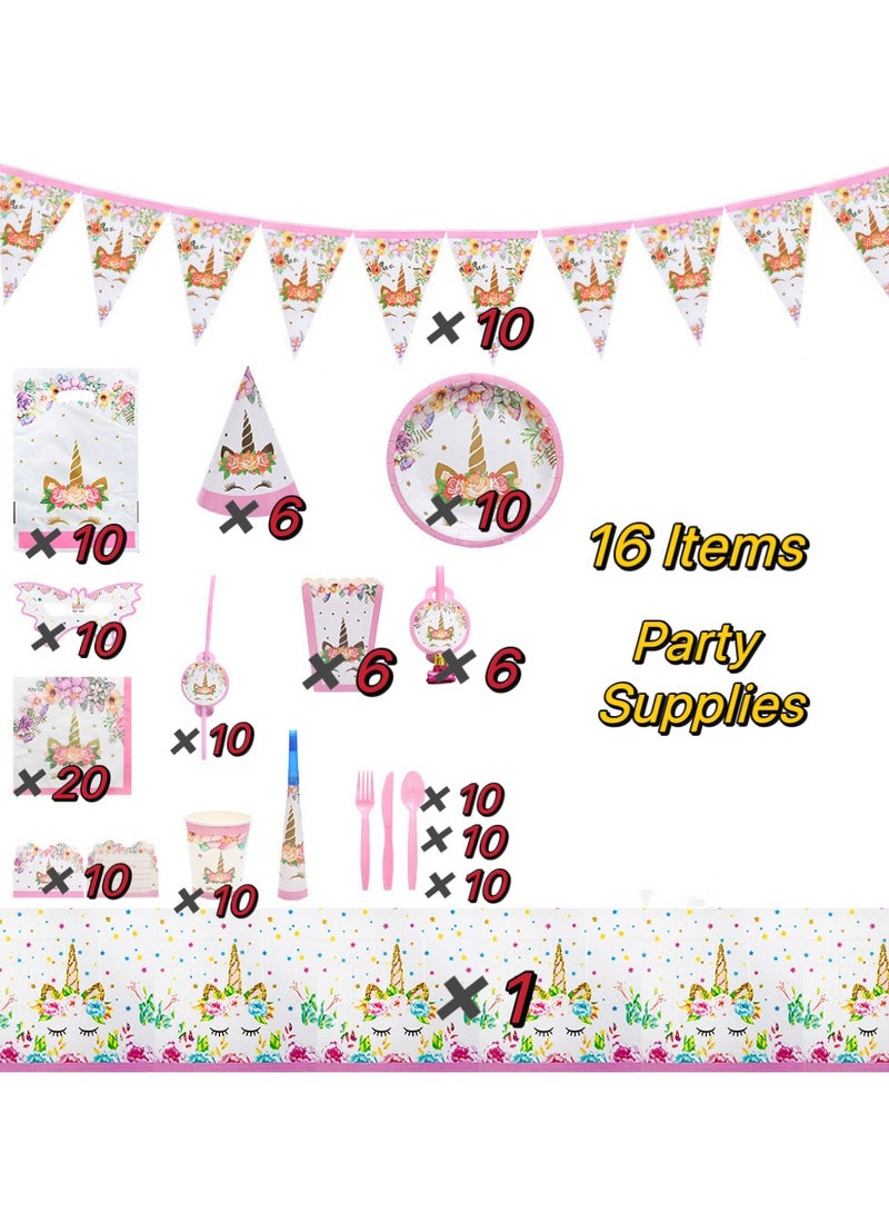 145 pcs disposable party tableware Unicorn theme, kids birthday party celebration, baby shower party suppliers with plates, spoons, folks, cups, napkins, etc. 16 items