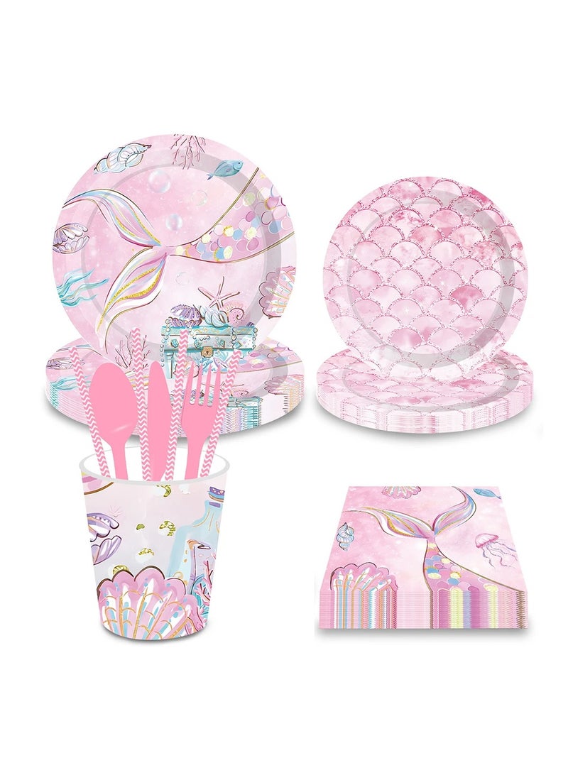 Mermaid Tail Disposable Tableware Pink Mermaid Scales Paper Plate Banner Cup Straw for Happy Birthday Party Decoration Supplies