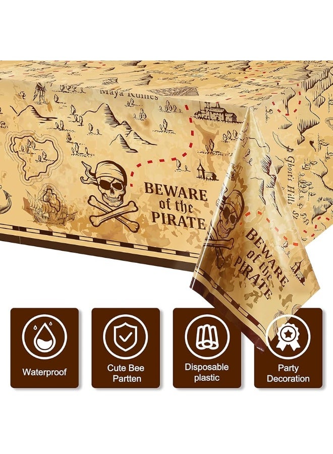 Pirate Party Tablecloth Treasure Map Tablecover Plastic Island Treasure Table Covers Pirate Nautical Party Supplies for Treasure Theme Birthday Party Decoration, 54 x 108 Inches (3 Pieces)