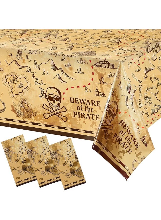 Pirate Party Tablecloth Treasure Map Tablecover Plastic Island Treasure Table Covers Pirate Nautical Party Supplies for Treasure Theme Birthday Party Decoration, 54 x 108 Inches (3 Pieces)