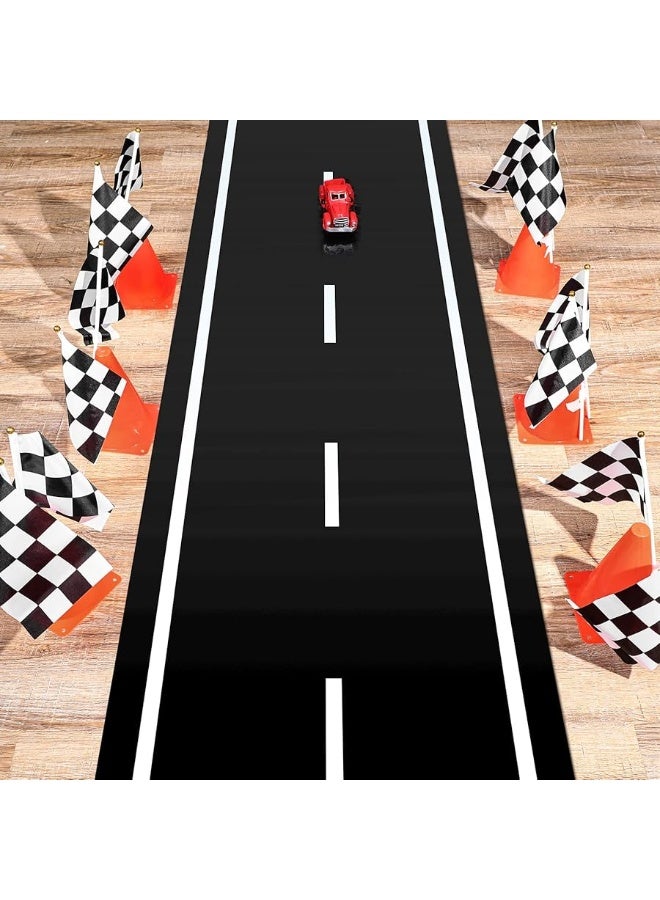 Racetrack Floor Running Black Racer Party Decoration Mat Road Table Runner Long Racetrack Tablecloth Drag for Party (Simple Style,16 ft x 2 ft)