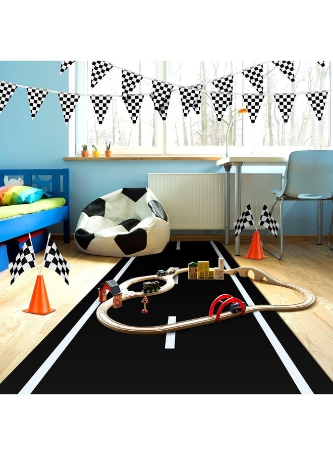 Racetrack Floor Running Black Racer Party Decoration Mat Road Table Runner Long Racetrack Tablecloth Drag for Party (Simple Style,16 ft x 2 ft)