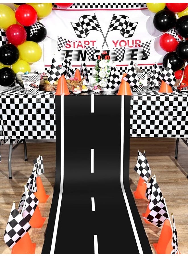 Racetrack Floor Running Black Racer Party Decoration Mat Road Table Runner Long Racetrack Tablecloth Drag for Party (Simple Style,16 ft x 2 ft)
