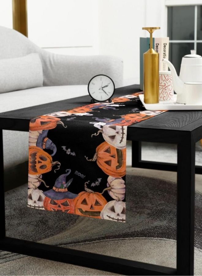 Rectangle Table Runner -Featuring Happy Festival Pumpkins, Spider Web Cats, and Black Holiday Decor for Dining, Kitchen, and Outdoor Tables