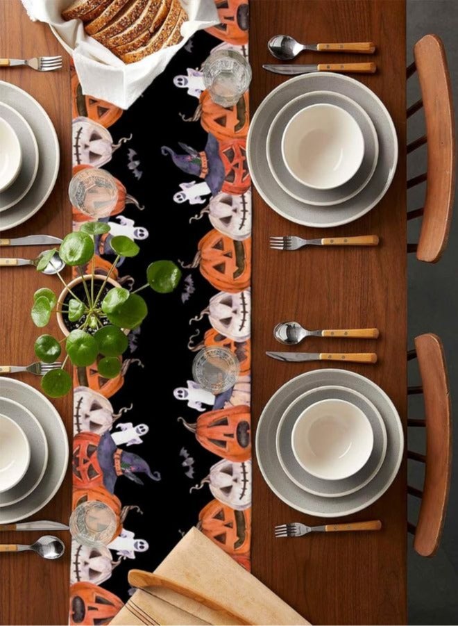 Rectangle Table Runner -Featuring Happy Festival Pumpkins, Spider Web Cats, and Black Holiday Decor for Dining, Kitchen, and Outdoor Tables