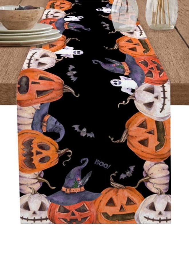 Rectangle Table Runner -Featuring Happy Festival Pumpkins, Spider Web Cats, and Black Holiday Decor for Dining, Kitchen, and Outdoor Tables