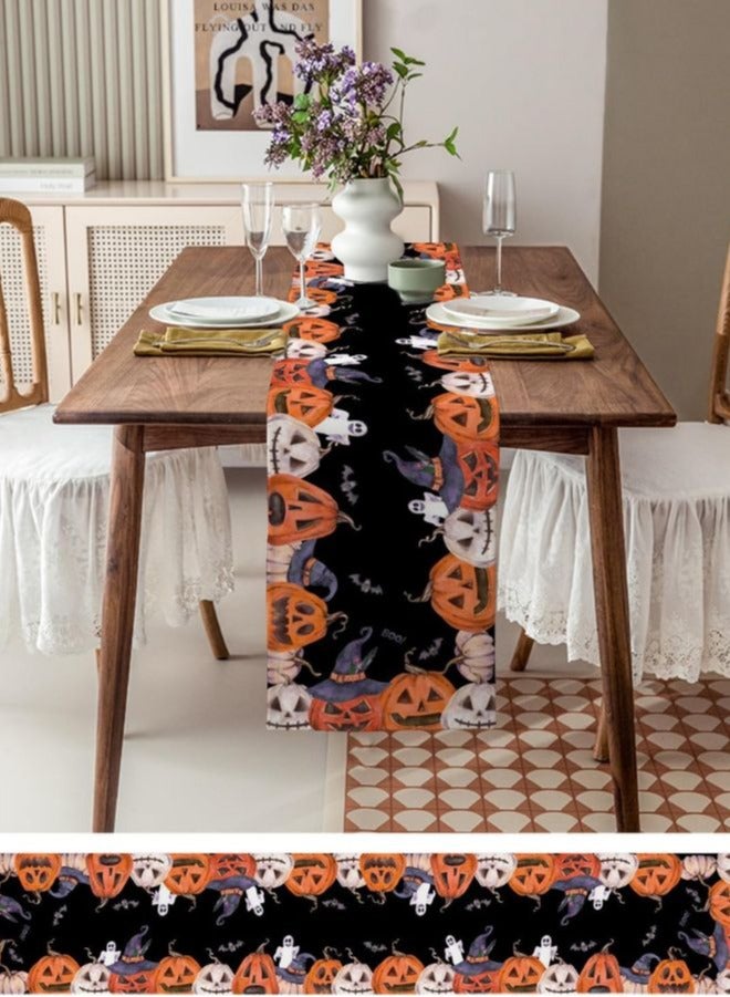 Rectangle Table Runner -Featuring Happy Festival Pumpkins, Spider Web Cats, and Black Holiday Decor for Dining, Kitchen, and Outdoor Tables