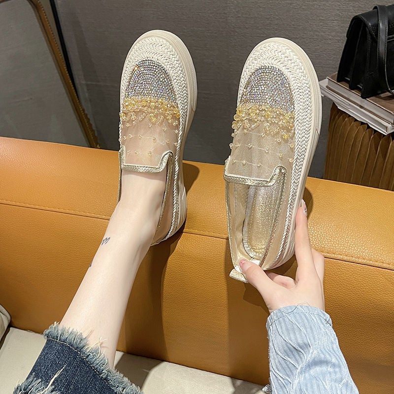 Doug Shoes Womens 2024 New Korean Style All-match Flat Slip-on Fisherman Shoes Mesh Breathable Loafers Womens ShoesGold Gold