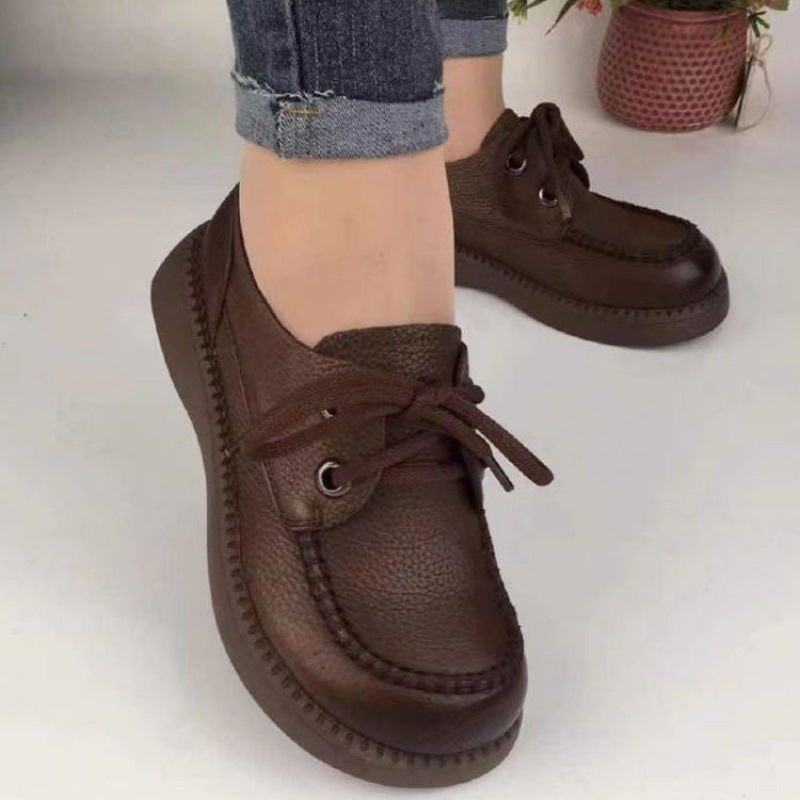 2024 Womens Soft-Leather Loafers Comfortable Casual Thick-Sole ShoesBrown Brown