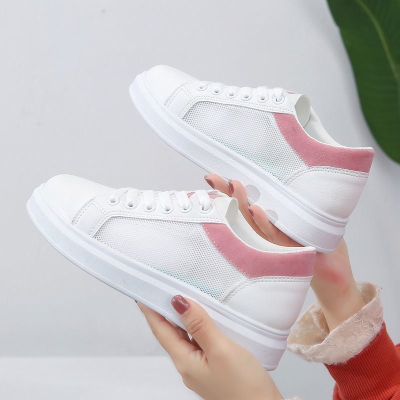 Trendy Womens White Sneakers Fall 2023 Breathable Flat ShoesWhite pink mesh White pink mesh