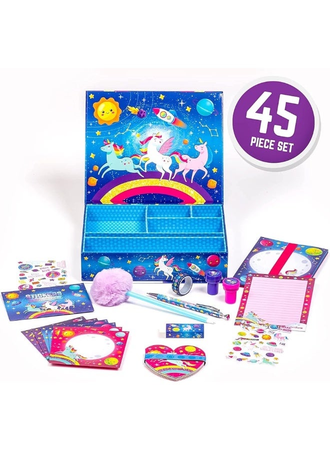 GirlZone Unicorn Cosmic Galaxy Writing Set for Girls, 45-Piece Letter Writing Kit for Creative Girls, Magical Unicorn Gift for 10 Year Old Girl