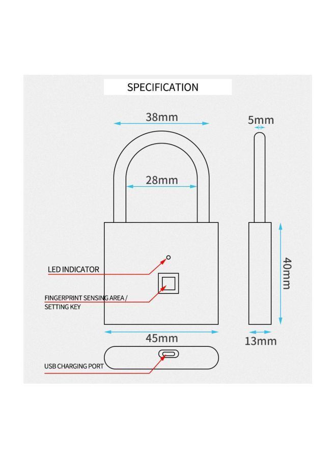 Anti-Theft Finger Print Padlock 010 Silver 10x1.6x5.6centimeter