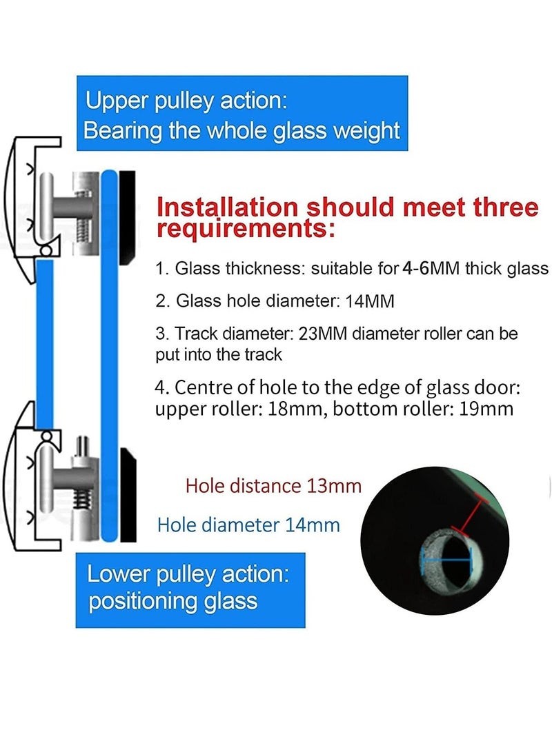 Shower Door Rollers, 4pcs Sliding Shower Doors Wheels Replacement Roller Runner Wheel 2 Top & 2 Bottom Chrome Plated Door Roller fit Glass Holes 14mm