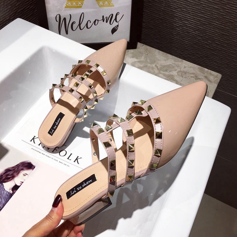 2024 Spring Pointed Toe Mules Elegant Thick Heel Slip-Ons Nude