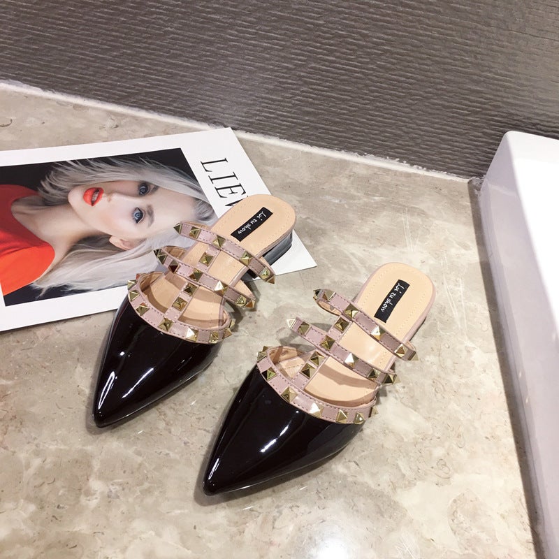 2024 Spring Pointed Toe Mules Elegant Thick Heel Slip-Ons Black
