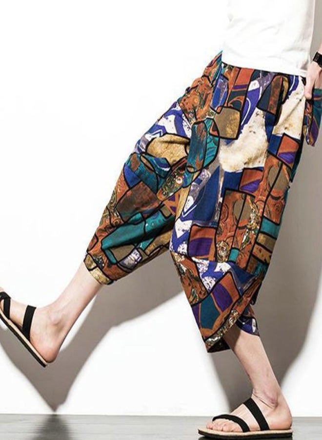 Printed Loose Trousers Dark Brown/Blue/White