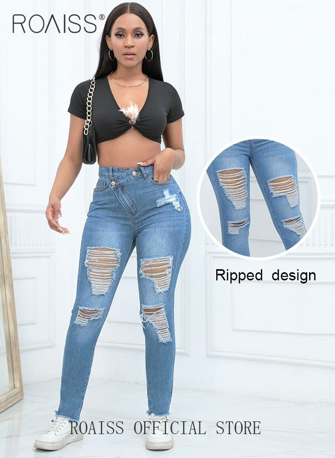 Plus Size Women Denim Pants Solid Color Skinny Fit Distressed Jeans Leg Flattering Design Fashionable and Versatile Suitable for School and Commuting