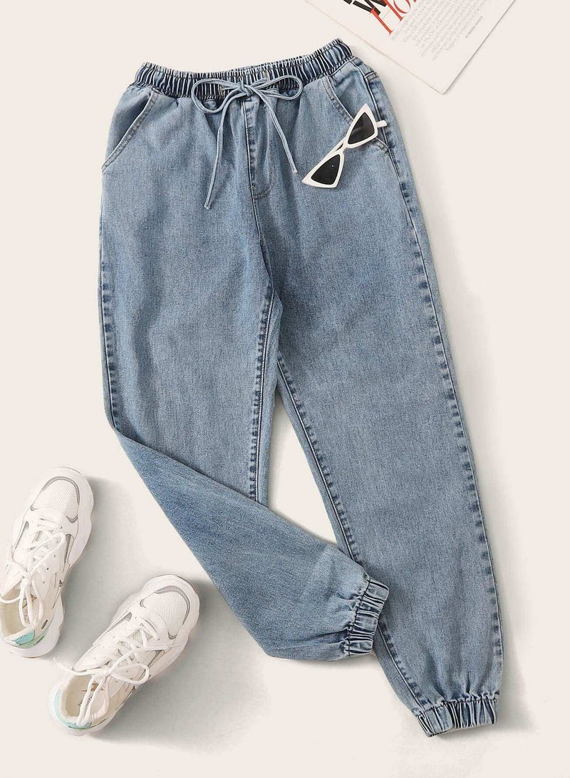 Plus Drawstring Tie Waist Carrot Jeans