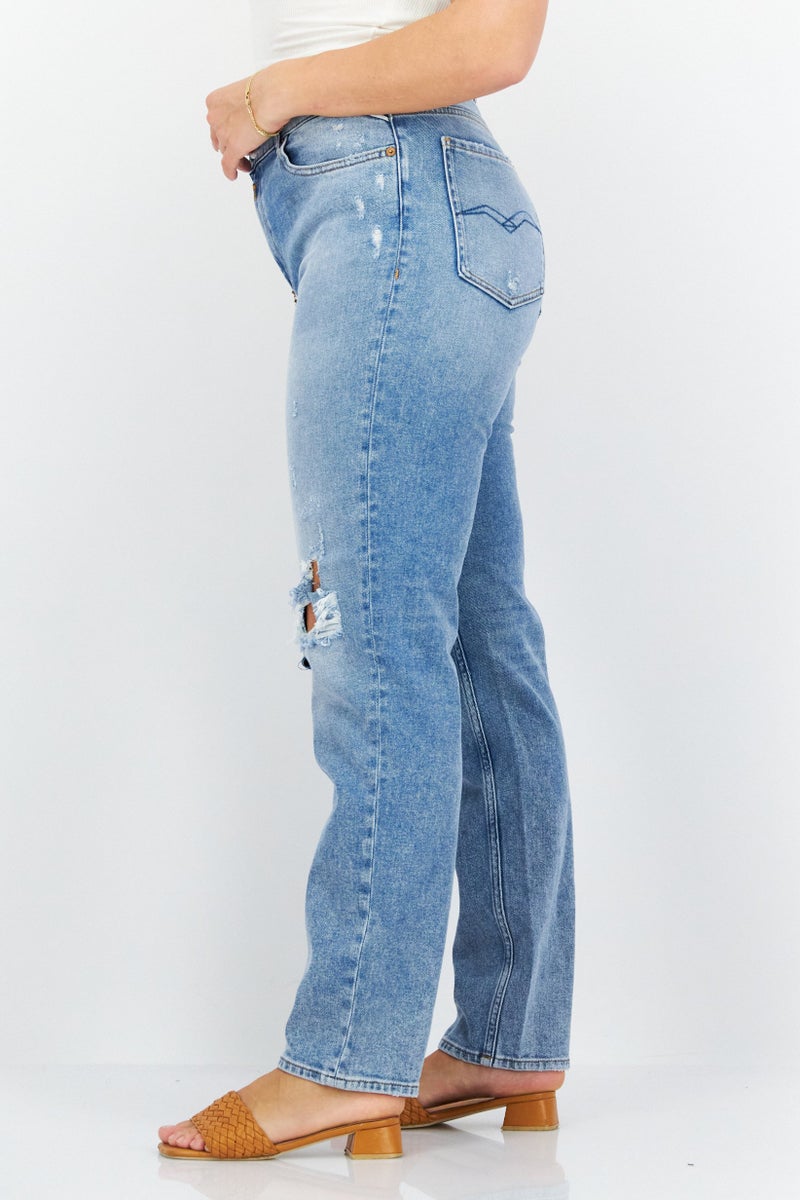 Women Tapered Fit Washed Stretchable Jeans, Light Blue