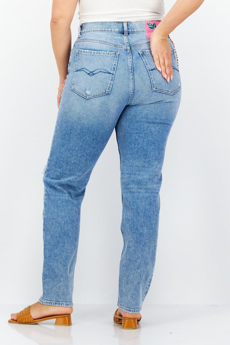 Women Tapered Fit Washed Stretchable Jeans, Light Blue