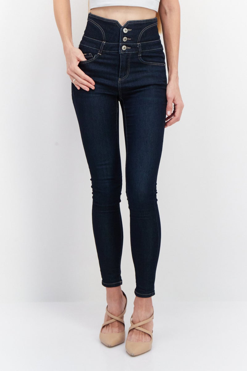 Women Slim Fit Stretchable Washed Denim Jeans, Dark Blue