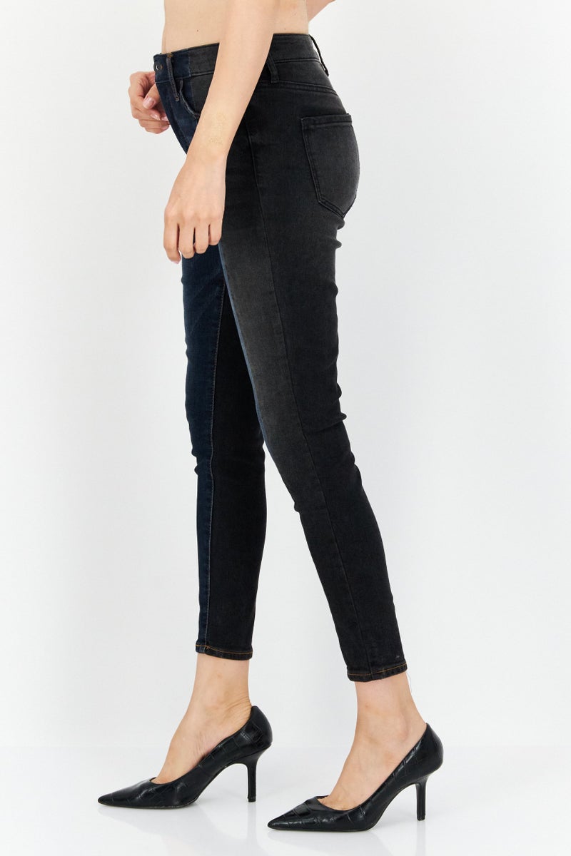 Women Skinny Fit Two Tone Stretchable Jeans, Blue/Black