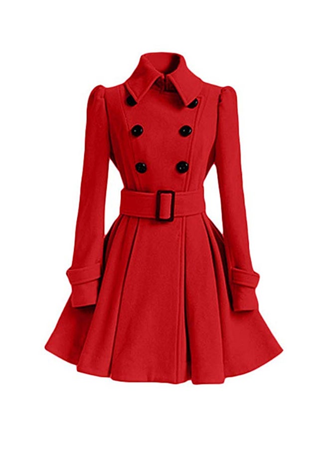 Long Sleeves Woolen Swing Coat With Belt Red