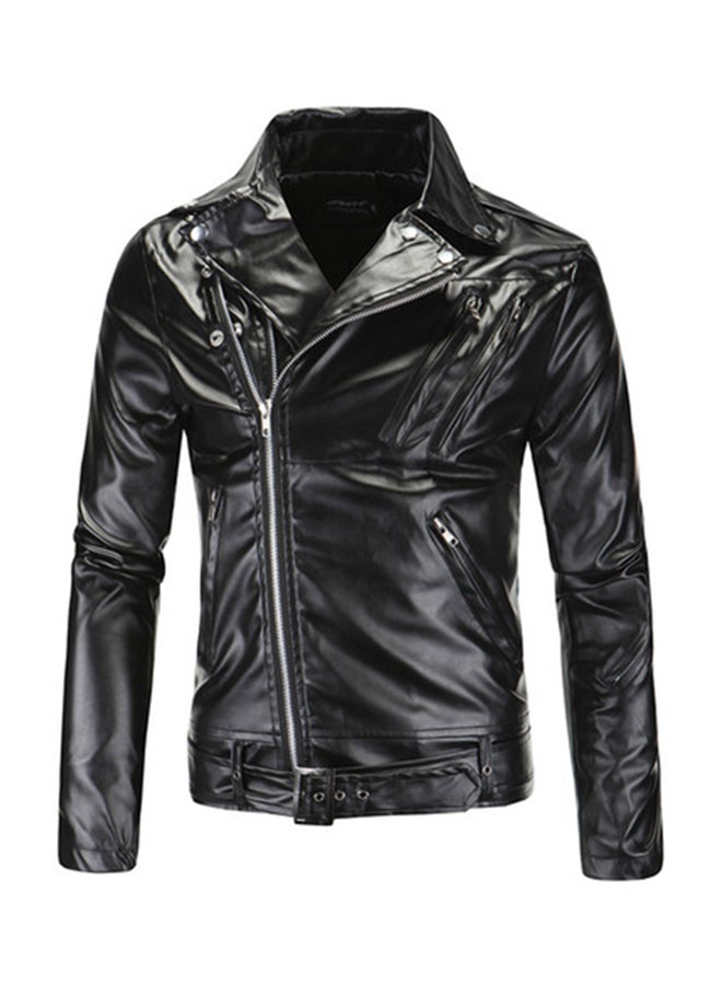 Solid Zipper Fly Biker Jacket Black