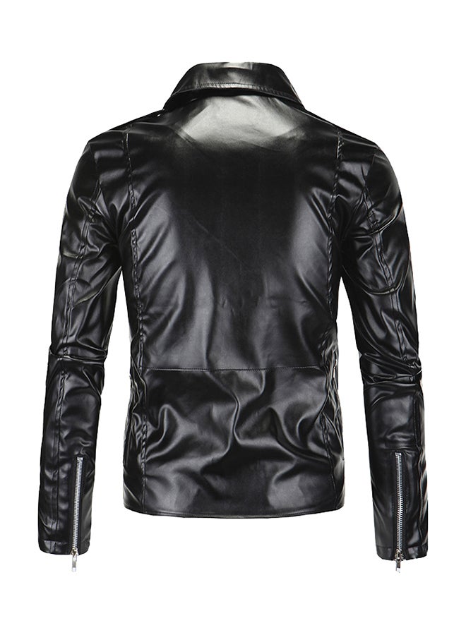 Solid Zipper Fly Biker Jacket Black