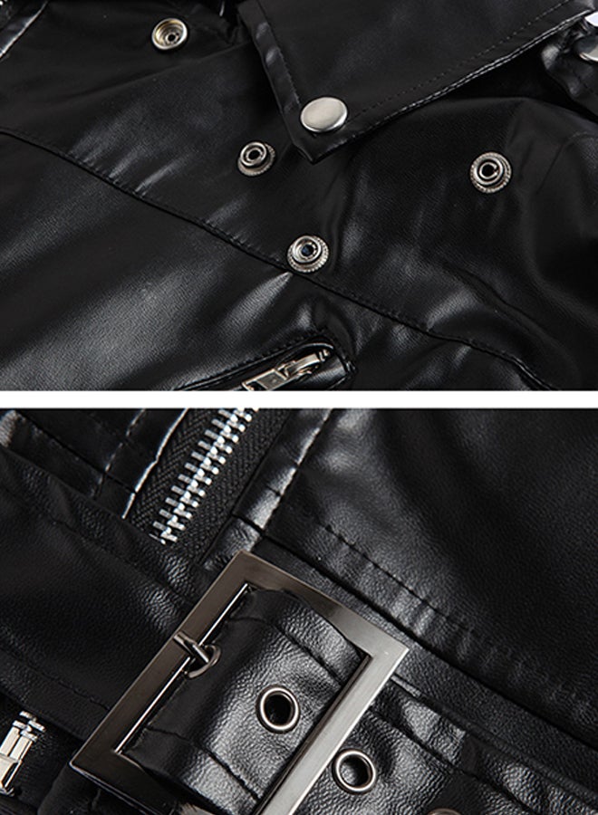 Solid Zipper Fly Biker Jacket Black