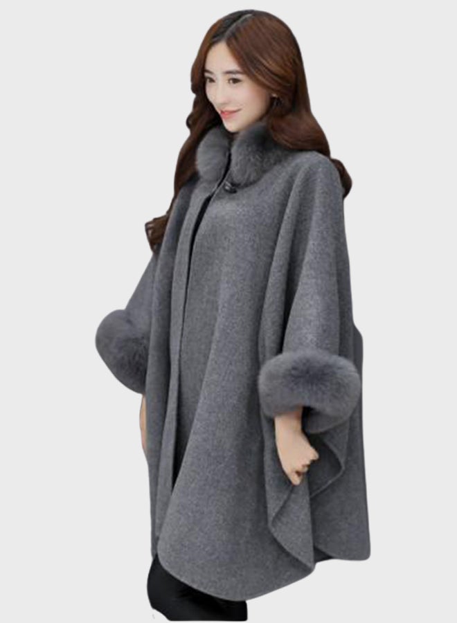 Fur Detail Long Sleeves Coat Grey