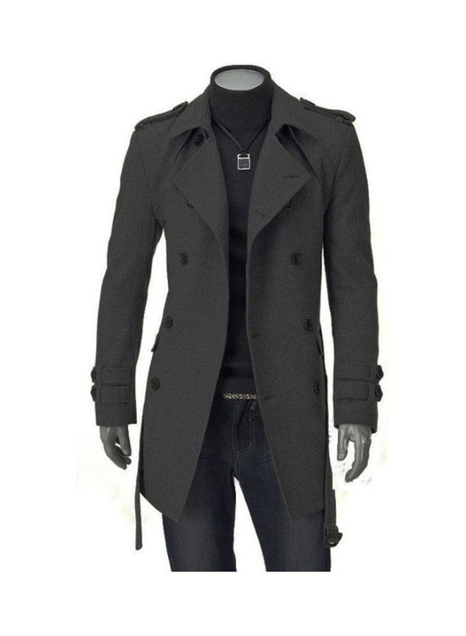 Lapel Solid Trench Coat Grey