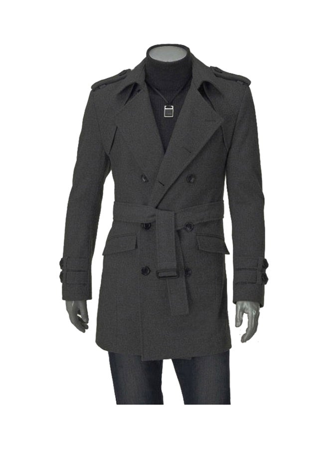 Lapel Solid Trench Coat Grey