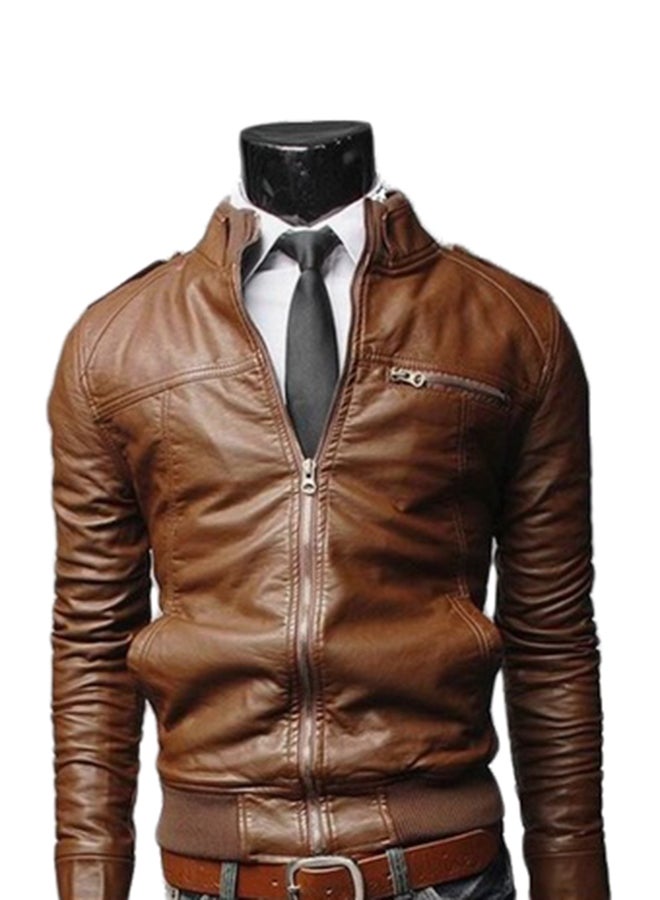 Slim Fit Long Sleeve Zip Through Jacket Brown