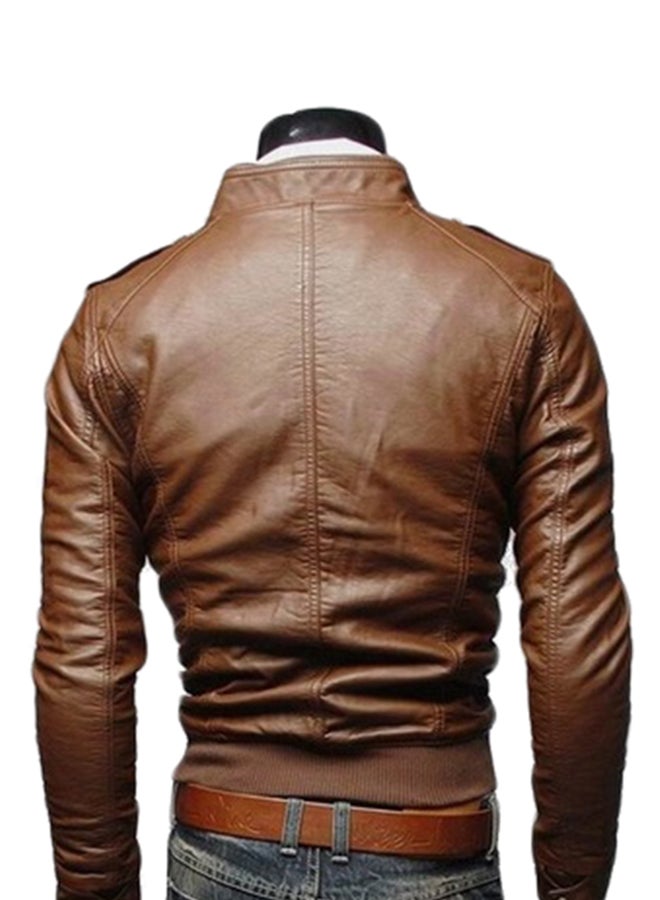 Slim Fit Long Sleeve Zip Through Jacket Brown