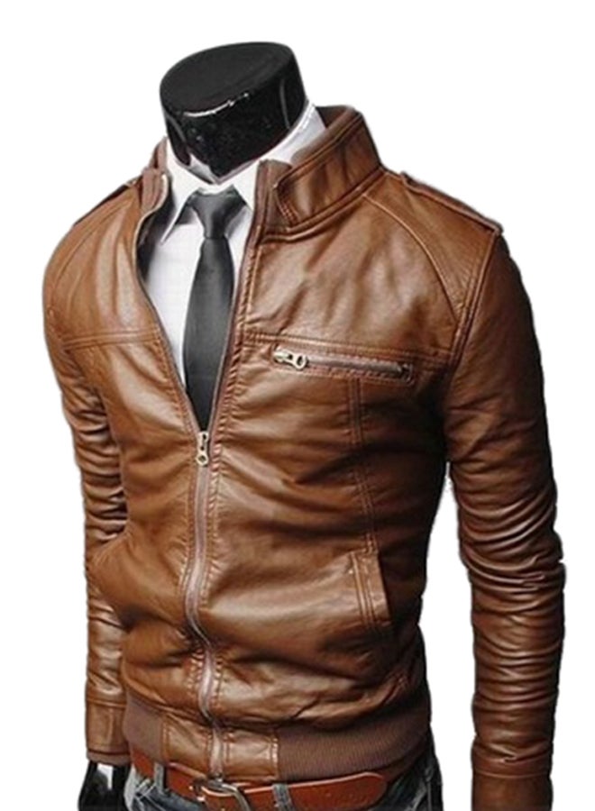 Slim Fit Long Sleeve Zip Through Jacket Brown