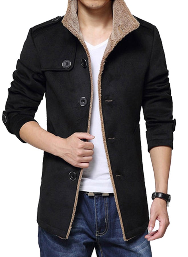 Fleece Lined Button Detail Jacket Black/Beige