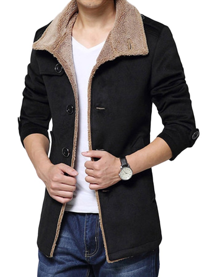 Fleece Lined Button Detail Jacket Black/Beige