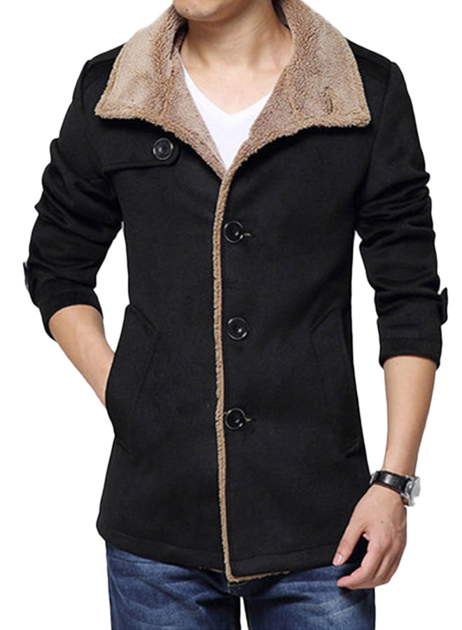 Fleece Lined Button Detail Jacket Black/Beige