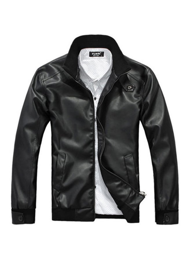 Solid Stand Collar Biker Jacket Black