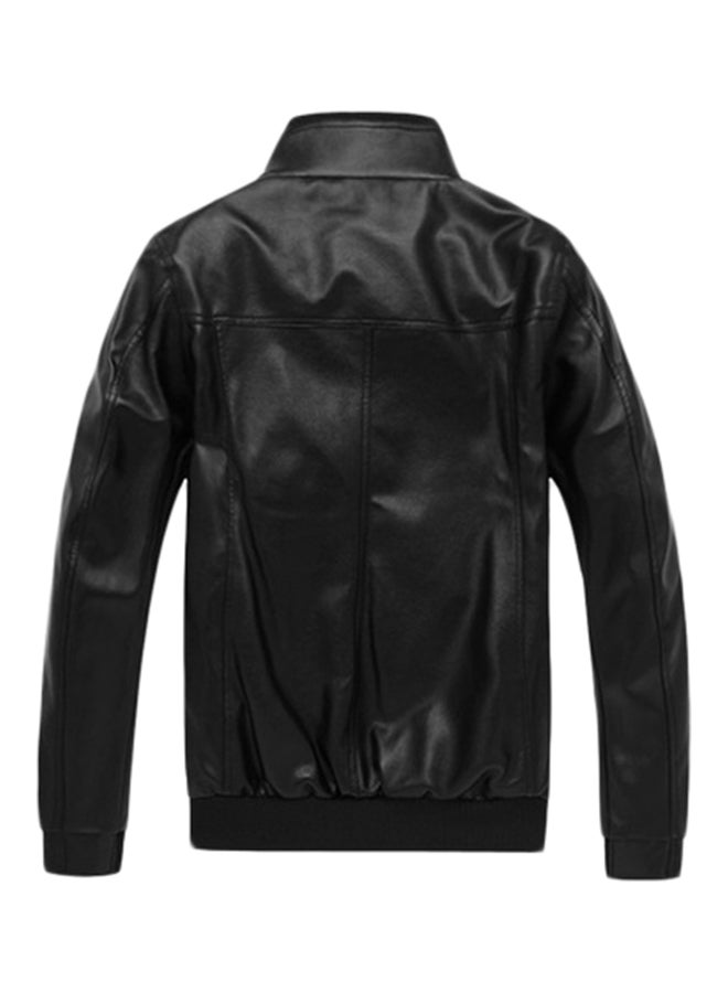 Solid Stand Collar Biker Jacket Black