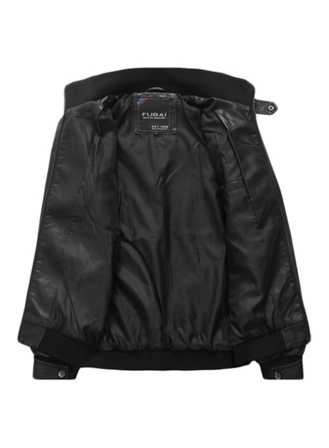 Solid Stand Collar Biker Jacket Black