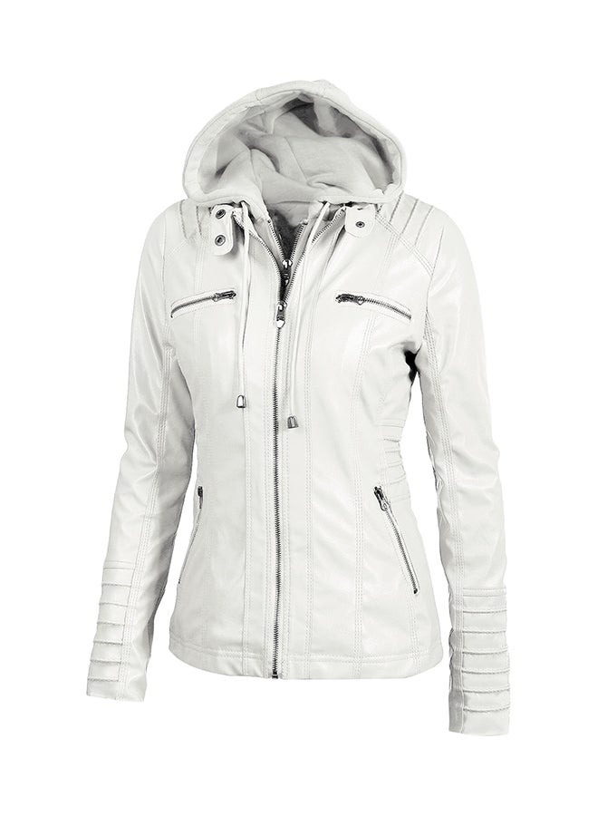 Detachable Hood Biker Jacket White