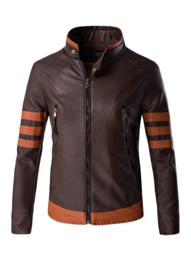 Stand Collar Biker Jacket Brown