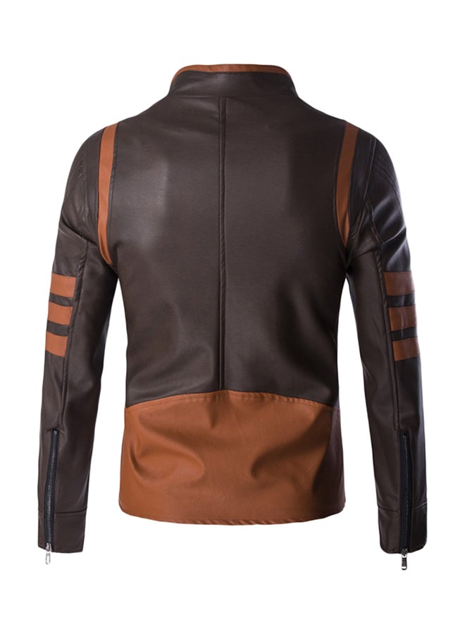 Stand Collar Biker Jacket Brown